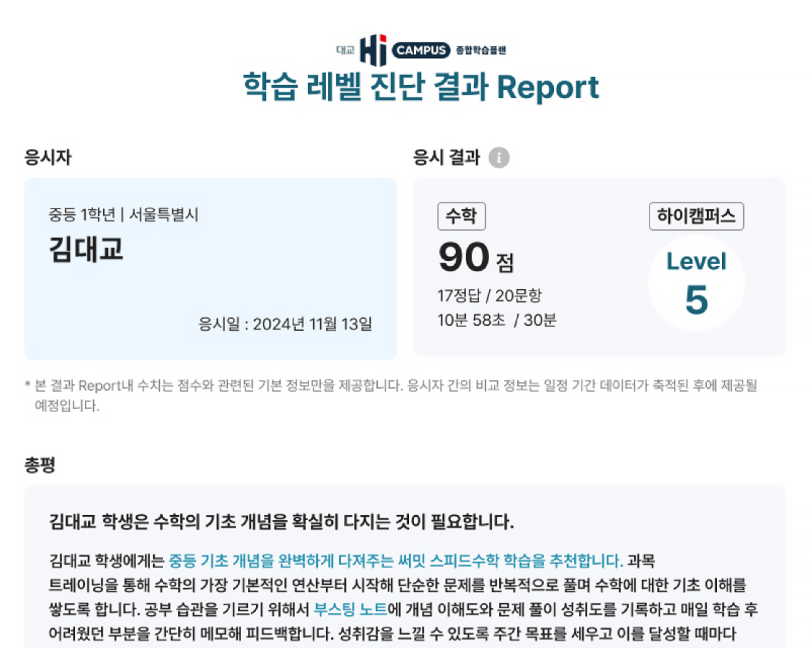 학습 레벨 진단 결과 Report